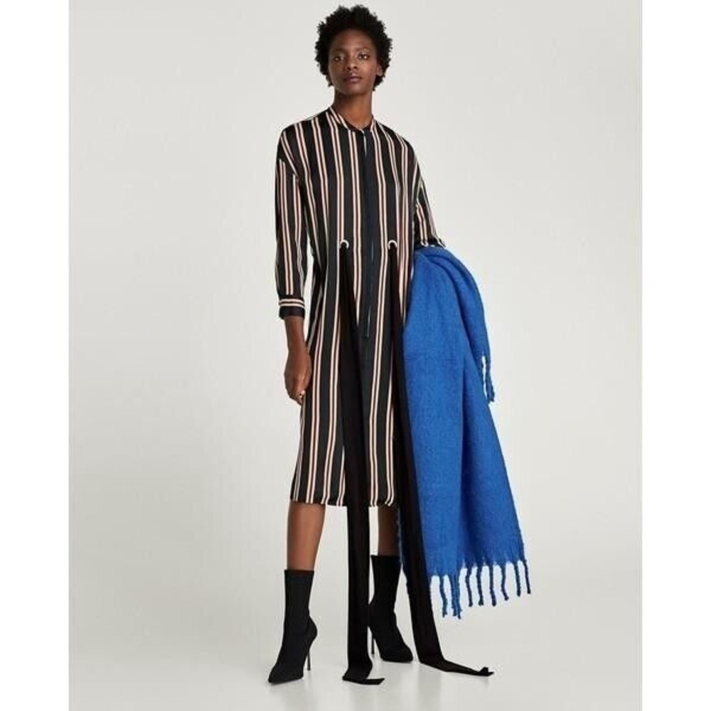 Zara Striped Belted  satin Tunic/Shirt Dress side pockets Black Brawn Size Small